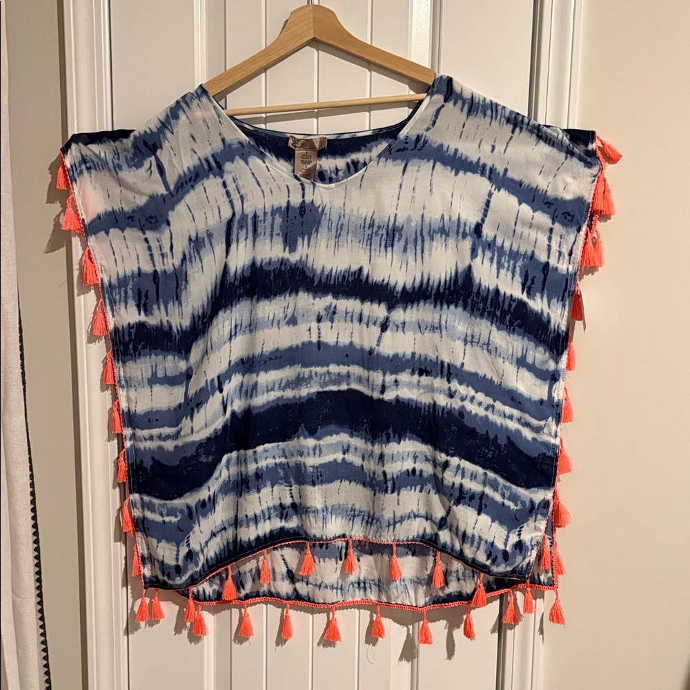 Blue and White Tie-Dye Women's Beach Cover Up with Tassels